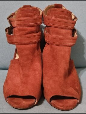Michael Kors Suede Open-Toe Ankle Heels in Rust